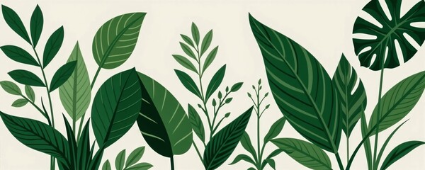 Illustration of various green tropical leaves with distinct shapes and shades on a light background.