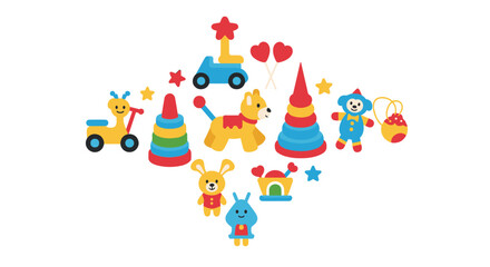 Fototapeta premium Illustration of various children's toys including a giraffe scooter and stacking rings arranged together
