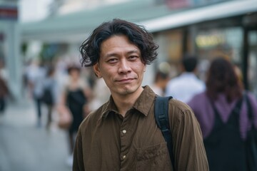 Man on a street with a creepy smirk face