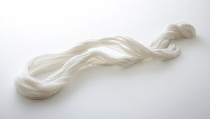 White, pliable strands of material,  draped and twisted on a plain background