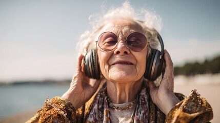 Happy Senior Woman Listening Music Outdoors Relaxed Elderly Person Enjoying Summer Day Peaceful Elderly Lady Wearing Headphones Sunshine Beach Background Carefree Retirement