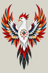 Fototapeta premium A vibrant, stylized phoenix with multicolored feathers and a compass emblem on its chest, symbolizing rebirth and navigation.