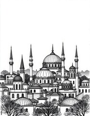 Obraz premium Detailed black and white line drawing of a historic cityscape featuring domed buildings and tall minarets, surrounded by trees.