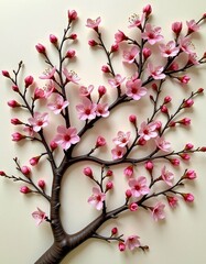 A delicate branch of cherry blossoms with pink flowers and buds against a plain light background.
