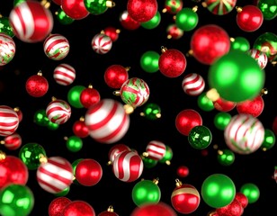 Christmas ornaments falling on black background