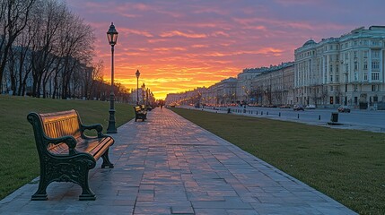 Naklejka premium Sunrise over a paved city promenade