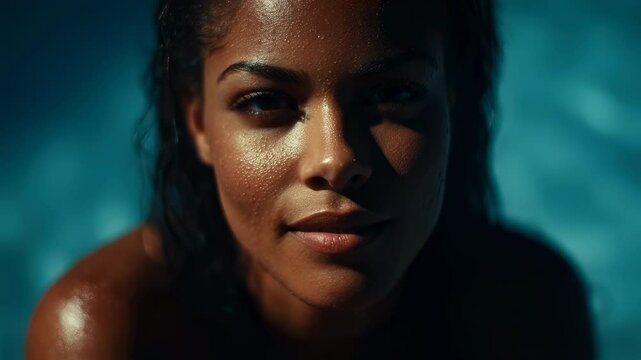 Wet haired young woman emerging from turquoise pool water, radiating serene confidence with glistening skin and reflective facial expression capturing wellness and beauty moment