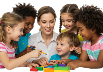 Happy Diverse Children Learning with Blocks with Their Teacher