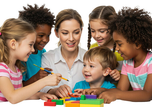 Happy Diverse Children Learning with Blocks with Their Teacher