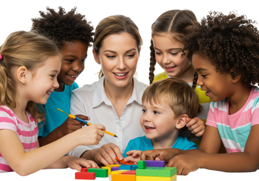 Happy Diverse Children Learning with Blocks with Their Teacher