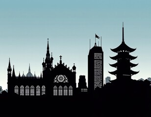 Naklejka premium Silhouettes of iconic global landmarks and architectural styles against a clear blue sky.