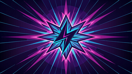 
A striking, stylized star emblem with a central lightning bolt, rendered in vibrant neon blues and purples, radiating energetic lines against a dark background.