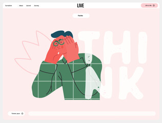 Thinking people, modern flat vector concept illustration- man standing thoughtfully, looking sideways, bubble near his head Metaphor for reflection, analysis, introspection, contemplation, deep