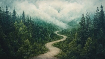 Winding path through a misty forest (1)