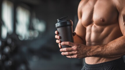 Muscular Man Holding Protein Shaker Fitness Gym Workout Supplement Strong Bodybuilder Healthy Lifestyle Exercise Nutrition Training Athletic Male Powerful Physique Dark Background 