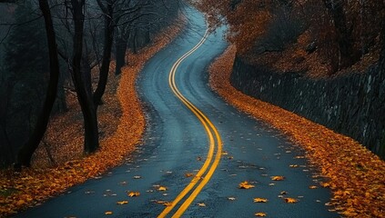 Autumnal, winding road through a misty forest.  Yellow leaves cover the wet asphalt.  Double yellow lines trace a curve.  Dark trees and stone walls frame the scene