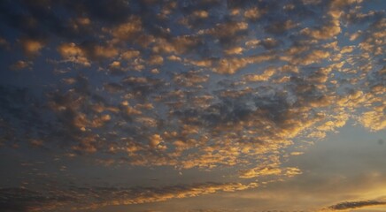 Beautiful cotton-like clouds are highlighted by the yellow afternoon sun, perfect for a background