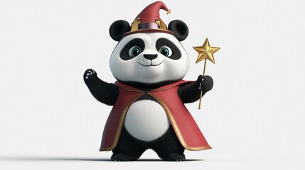 Cartoon panda magician with cape, hat and star wand against a white background