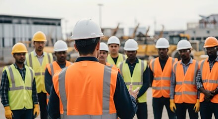 Construction workers listening to their supervisor on a construction site