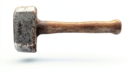 A well-worn, rusty, metal sledgehammer head is affixed to a smooth, light brown wooden handle.  The tool casts a slight shadow on a plain white 