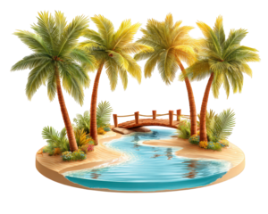 Serene tropical island scene featuring lush palm trees, tranquil blue river, and wooden bridge. This picturesque setting evokes feelings of relaxation and escape into nature beauty