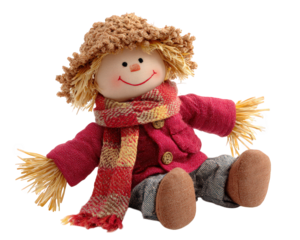 Cute scarecrow doll with cheerful smile, dressed in cozy red jacket and colorful scarf, sitting comfortably with straw arms and straw hat, perfect for autumn decor