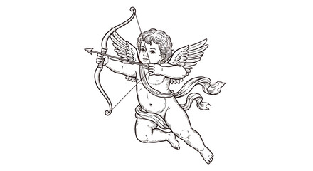 Line art illustration of a Cupid aiming an arrow with a bow.