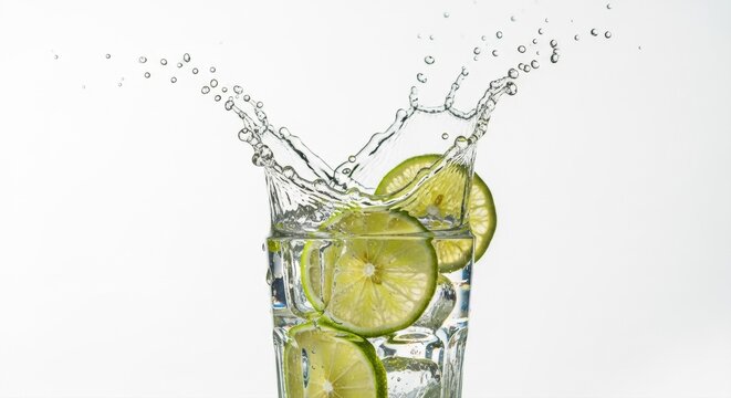 Refreshing glass of water with lemon slices splashing in clear liquid