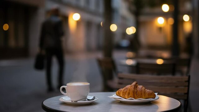 Cafe Table Scene. Paris night with Enjoying Coffee and Croissant at Parisian Cafe at Night