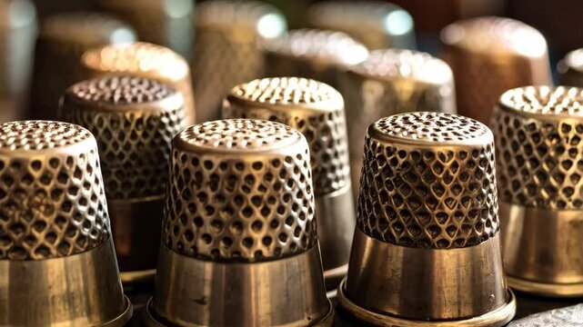 Close-up of several vintage thimbles with honeycombed texture placed together in a warm light setting, representing sewing tools