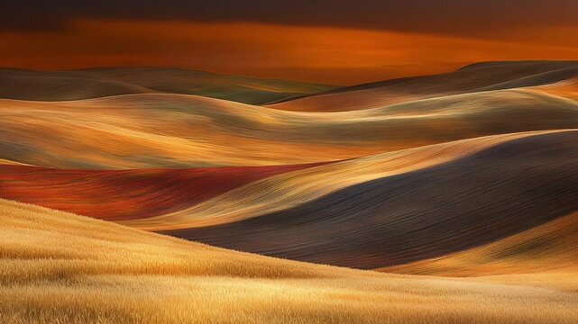 A landscape video showcases rolling golden hills under a warm, orange-toned sky.