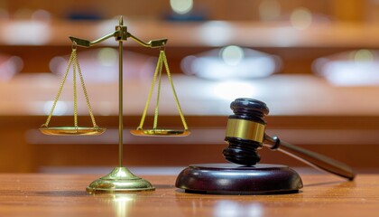 Legal scales and gavel on table
