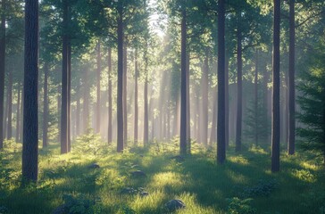 Obraz premium Dense pine forest with tall, straight trees and rays of sunlight filtering