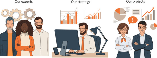 Collection of scenes highlighting teamwork, strategy, and project management. A group of experts collaborates in a professional environment, analyzing data, discussing strategy. 