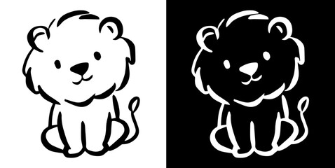 Obraz premium Lion animal doodle silhouette isolated on white and black background, vector hand drawn childish cute cartoon scribble 
