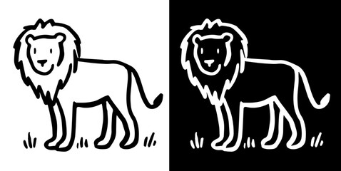 Lion animal doodle silhouette isolated on white and black background, vector hand drawn childish cute cartoon scribble 