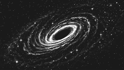 Deep space wormhole vortex surrounded by cosmic dust and stars. Black hole portal bending time and space. Galactic swirl in stippling style. Dotwork. Pointillism. Dots shading. Vector illustration