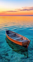 Naklejka premium Tranquil wooden boat floats on glassy turquoise water at sunset