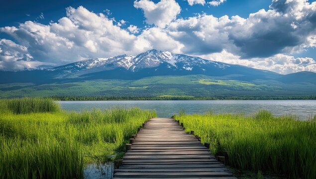 Wooden boardwalk leads to serene lake, majestic mountains