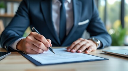 A person in a suit is signing a document with a pen at a wooden desk, suggesting a formal or business setting.