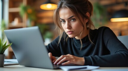 A focused woman works intently on a laptop in a cozy, well-lit modern workspace with plants and warm lighting.