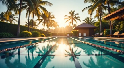 Poolside Paradise: Captivating shot of a swimming pool, framed by lush palm trees, bathed in the golden light of a setting sun, evokes a sense of tranquility and escape.