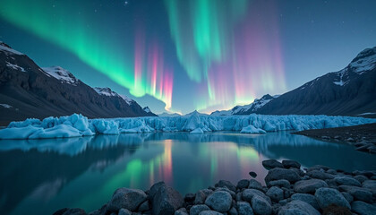 A dramatic scene of aurora lights casting multicolored reflections on a glacier and its icy peaks.