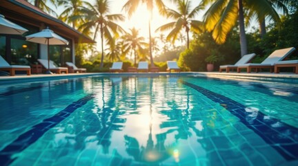 Fototapeta premium A tranquil swimming pool at sunset surrounded by palm trees and lounge chairs, creating a serene tropical vacation atmosphere.