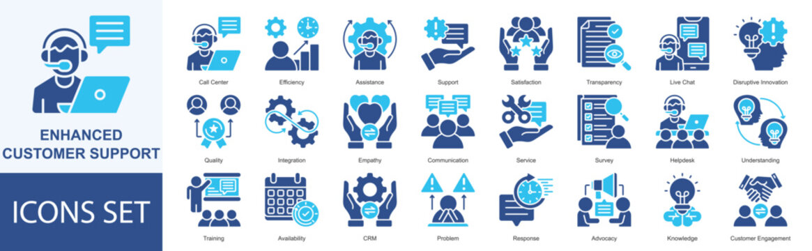 Enhanced Customer Support icon set vector Solid Color Style call center, efficiency, assistance, support, satisfaction, transparency, live chat, disruptive innovation, quality, integration