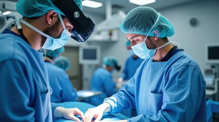 Surgeons wearing protective gear perform a precise operation in a modern, sterile operating room with advanced medical equipment.