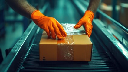 Hands in orange gloves handling a cardboard box on a conveyor belt