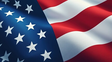 Fototapeta premium The image shows a close-up of the United States flag waving, highlighting the stars and stripes in vibrant red, white, and blue colors.