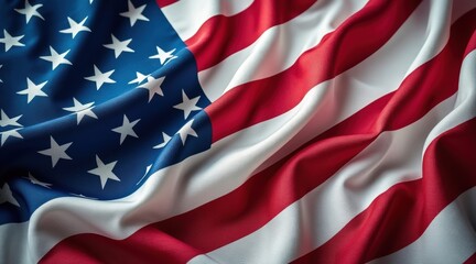 A close-up image of the American flag showing its stars and stripes in vibrant red, white, and blue colors with fabric folds.