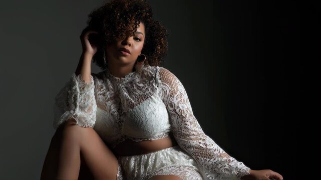 Confident plus size model with curly hair and white lingerie gracefully poses on a seamless backdrop, creating a sense of elegance and body positivity
